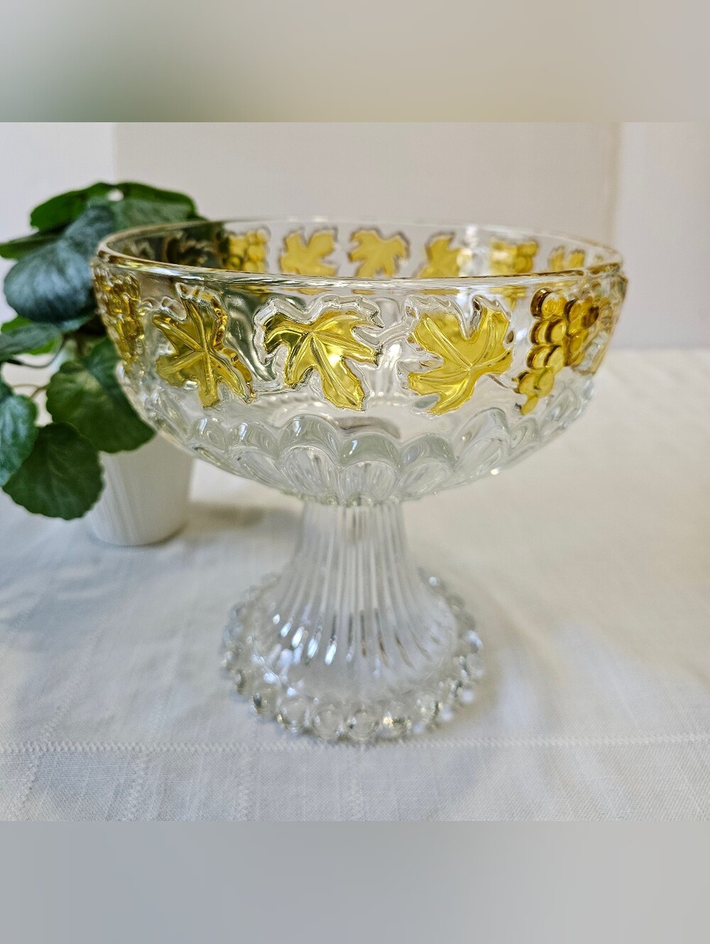 Vintage Walther Kristalglas Pedestal Bowl With Grape & Leaf Accents